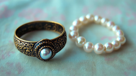 A stunning display of vintage elegance featuring a decorative pearl ring and a classic pearl bracelet resting on soft fabric. Perfect for fashion lovers.の素材