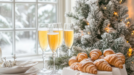 A cozy winter brunch scene featuring sparkling beverages and fresh croissants, beautifully arranged next to a snow-covered window with holiday decor.の素材