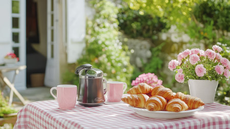 A charming outdoor breakfast scene featuring freshly baked croissants and steaming coffee on a stylish table, surrounded by colorful flowers and greenery.の素材