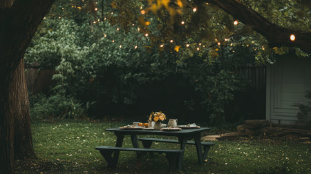 A picturesque outdoor dining setup featuring a table adorned with flowers and food, illuminated by charming fairy lights, creating a warm and inviting atmosphere.の素材