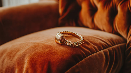 A striking gold bracelet rests on a plush velvet armchair, embodying elegance and luxury. This image captures the essence of stylish interior design and modern accessories.の素材