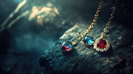 Close-up view of an elegant necklace adorned with vibrant gems, resting on a rocky surface, illuminated by soft light, highlighting its exquisite craftsmanship.の素材