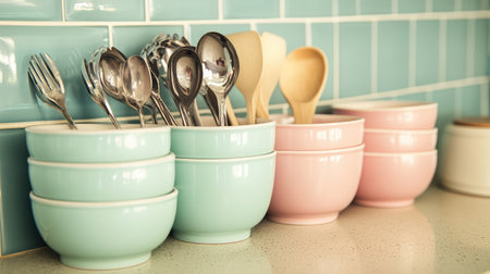 A charming kitchen counter featuring neatly arranged pastel bowls and shiny utensils, creating a warm and inviting atmosphere for cooking and dining.の素材