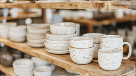 A charming display of handmade pottery featuring an array of speckled bowls, cups, and plates on a wooden shelf. Perfect for home decor enthusiasts.の素材