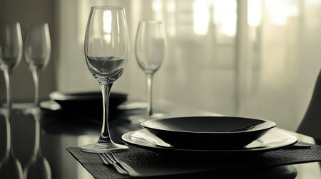This elegant dining scene features sophisticated tableware and glassware bathed in soft light, perfect for creating a warm and inviting atmosphere for dining experiences.の素材