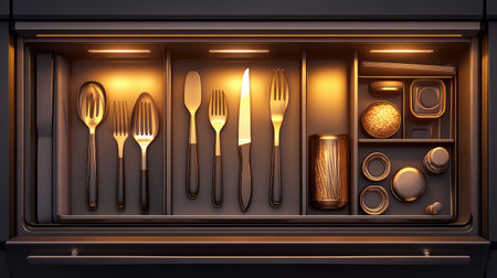 A well-organized kitchen drawer featuring an assortment of cutlery and utensils, offering a glimpse into modern home organization and culinary preparation.の素材