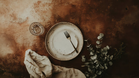 A minimalistic table setting featuring a plate, fork, and glass of water, surrounded by a soft cloth and greenery, perfect for elegant dining.の素材