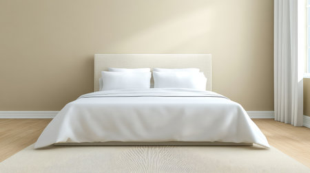 A serene and cozy bedroom featuring a modern bed dressed in white bedding. The room showcases a minimalist aesthetic with natural light illuminating its warm tones, creating an inviting atmosphere. Perfect for home decor inspiration.の素材