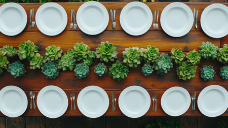 Discover an elegant outdoor dining setup featuring a rustic wooden table adorned with empty white plates and vibrant succulents, perfect for gatherings.の素材