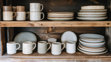 This image showcases a collection of rustic and modern tableware, featuring unique cups and plates arranged on wooden shelves. Ideal for interior design and kitchen inspiration.の素材