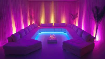 A modern lounge area featuring a spacious white seating arrangement illuminated with dynamic pink and blue ambient lighting, evoking a serene atmosphere.の素材