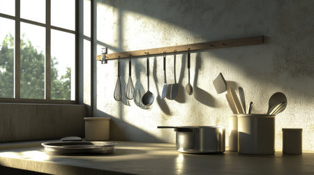 A serene kitchen scene capturing an inviting atmosphere with cooking utensils hanging on the wall. Sunlight filters through the window, creating beautiful shadows that enhance the minimalist decor, perfect for storytelling about home cooking and culinary creativity.の素材