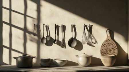 A serene kitchen scene featuring cookware and utensils arranged against a neutral wall. Soft sunlight creates captivating shadows, enhancing minimalistic design.の素材