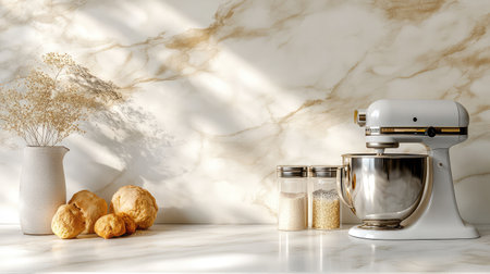 A beautifully arranged kitchen scene featuring a stand mixer, fresh bread rolls, elegant glass jars filled with ingredients, and charming floral decor on a marble countertop.の素材