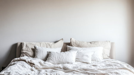 This image captures a serene bedroom with a perfectly made bed adorned with soft pillows and neutral linens, emphasizing simplicity and comfort in home decor.の素材