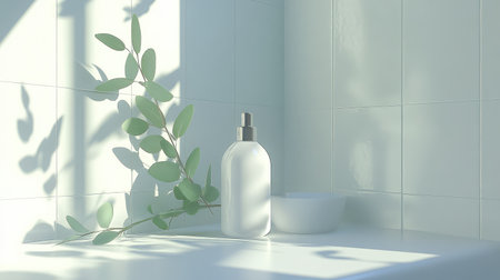 A serene and minimalist bathroom scene showcasing a white lotion bottle and a smooth bowl, enhanced by soft natural light and gentle greenery, perfect for relaxation.の素材