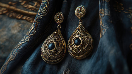 This striking image showcases ornate vintage gold earrings featuring intricate designs and deep blue gemstones, set against a rich fabric backdrop.の素材