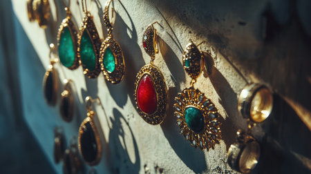 A collection of exquisite gold earrings featuring vibrant gemstones displayed beautifully in natural light, showcasing unique designs and craftsmanship.の素材