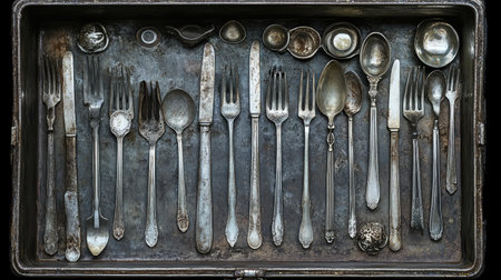A captivating close-up view of vintage silverware arranged in an old box, showcasing an assortment of forks, spoons, and knives that reflect craftsmanship and heritage.の素材
