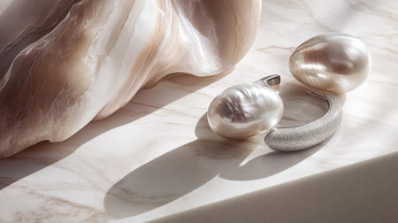 This elegant still life image showcases gleaming pearls alongside modern jewelry pieces on a smooth marble surface, highlighting beauty and luxury.の素材