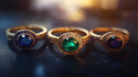 This striking image features a trio of elegant gold rings adorned with vibrant gemstones. The intricate designs and soft lighting create a luxurious feel, perfect for showcasing fine jewelry.の素材