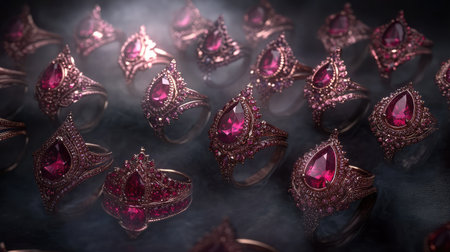 A stunning array of vintage-inspired rings featuring rich pink gemstones, showcasing exquisite craftsmanship and intricate designs in a frosty backdrop.の素材