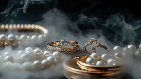 This captivating image showcases an elegant arrangement of pearl and diamond jewelry, enveloped in soft mist, highlighting luxury and sophistication.の素材