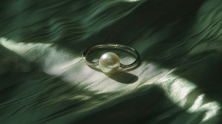A stunning pearl ring featured on a softly textured fabric, capturing the light elegantly to enhance its beauty. Ideal for jewelry lovers.の素材
