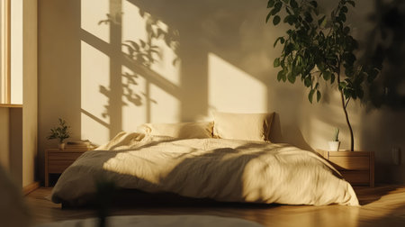 A serene bedroom scene filled with warm sunlight. A cozy bed adorned with soft blankets sits beside lush green plants, creating a tranquil retreat.の素材
