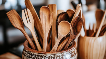An inviting collection of wooden kitchen utensils beautifully arranged in an ornate holder, showcasing craftsmanship that enhances any cooking experience.の素材
