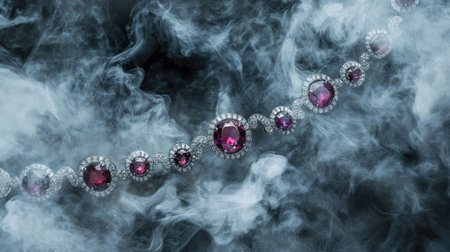This captivating image features a stunning ruby and diamond necklace surrounded by wispy smoke, creating an elegant and dramatic atmosphere perfect for showcasing luxury jewelry.の素材