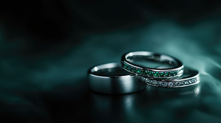This captivating image features a stunning collection of silver rings adorned with green and clear gemstones, showcasing intricate details and elegance.の素材