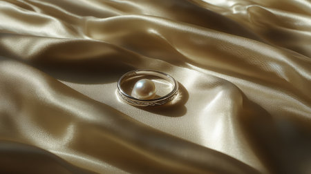 A stunning pearl ring showcased on soft golden satin, with elegant folds and gentle light creating a luxurious and sophisticated ambiance perfect for fashion themes.の素材