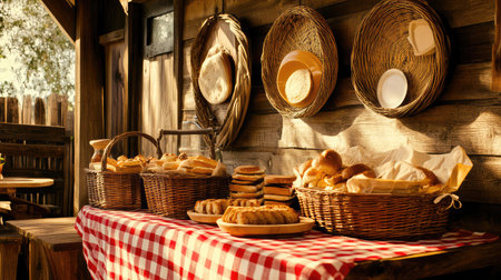 A charming rustic bakery display featuring an assortment of fresh breads and pastries arranged elegantly on a red checkered tablecloth.の素材