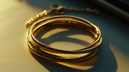 A collection of elegant gold bracelets captures the warm glow of evening light, creating a stunning display on a smooth tabletop surface. Ideal for fashion.の素材