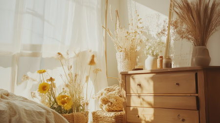 A cozy bedroom features a wooden dresser adorned with natural decor, blooming flowers, and soft curtains, creating a serene and warm atmosphere filled with sunlight.の素材