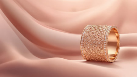A stunning rose gold ring featuring an intricate design, elegantly displayed on a soft satin background, perfect for luxury jewelry promotion and marketing.の素材