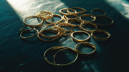 Explore this stunning collection of gold jewelry pieces, showcasing an array of hoops, bangles, and textures. Perfect for fashion inspiration and jewelry lovers.の素材