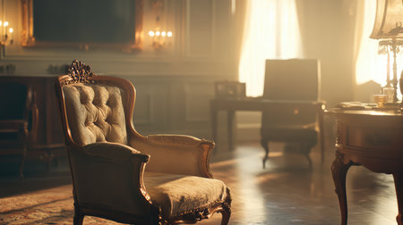 A beautifully designed vintage armchair is positioned in a luxurious room, illuminated by warm sunlight. The elegant decor and sophisticated ambiance create a cozy and inviting atmosphere, perfect for relaxation and reflection.の素材
