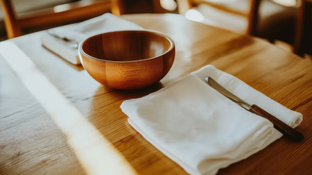 A beautifully arranged wooden bowl sits atop a polished dining table, accompanied by a knife and neatly folded napkin, creating a warm and inviting dining experience.の素材