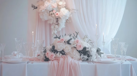 A stunning wedding table setting featuring soft pink flowers and glowing candles. Delicate drapery enhances the romantic ambiance for memorable celebrations.の素材
