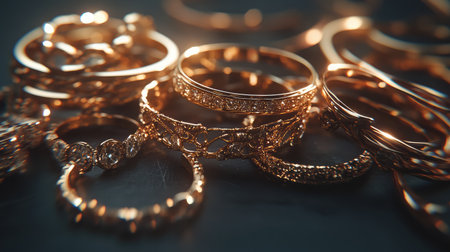 A visually striking close-up image showcasing various intricately designed gold rings and jewelry pieces, glimmering against a dark background.の素材