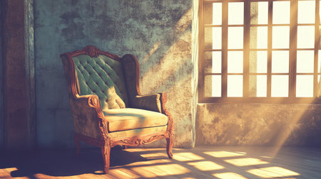 An inviting vintage armchair sits in a sunlit room, surrounded by weathered walls and rustic windows, creating a cozy and tranquil atmosphere perfect for relaxation.の素材