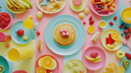 A bright and cheerful breakfast scene featuring pancakes topped with berries, accompanied by an array of fresh fruits, colorful juices, and tasty treats.の素材