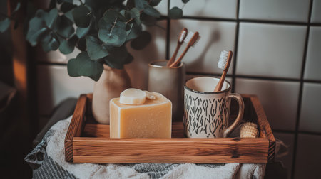 A serene and minimalist bath scene featuring a natural soap on a wooden tray, toothbrushes in a cup, eucalyptus leaves, and soft lighting, creating a cozy atmosphere.の素材