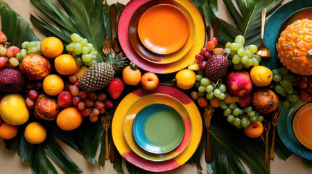 A vibrant display of fresh fruits and colorful plates set on tropical palm leaves, perfect for a sunny summer feast or festive gathering.の素材
