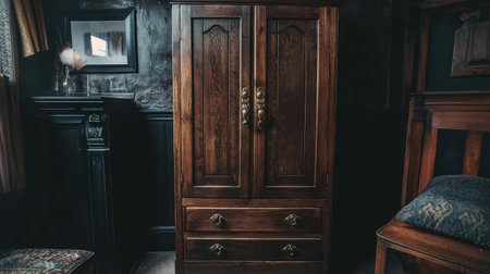 A beautifully crafted vintage wooden wardrobe stands prominently in a dark room, showcasing intricate details and elegant design, surrounded by antique furniture.の素材