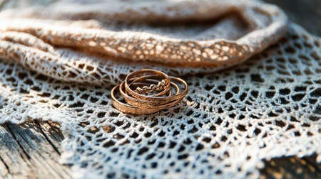 A collection of elegant golden rings placed on a vintage lace backdrop, showcasing intricate designs and warm natural lighting, perfect for fashion themes.の素材