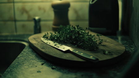 A beautifully composed kitchen scene featuring fresh herbs laid on a wooden cutting board beside a sharp knife. The soft dim light conveys a cozy atmosphere, emphasizing the art of cooking and food preparation. Ideal for culinary use.の素材