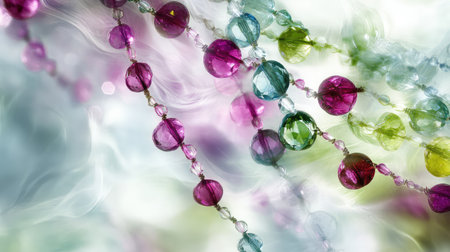 This captivating image features a collection of colorful beads in shades of green and pink, creating an abstract and vibrant background with soft focus.の素材